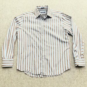Robert Graham Mens XL Long Sleeve Button Up Shirt Blue Brown Stripe‎ 100% Cotton